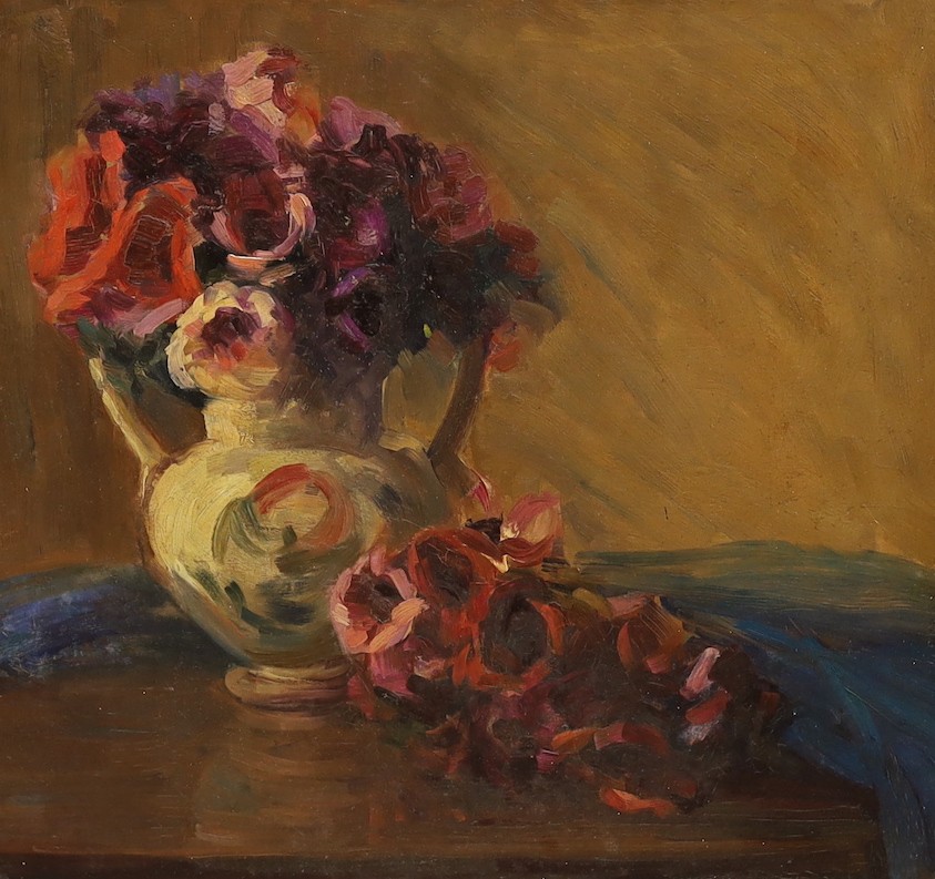 Early 20th century English School, oil on canvas, Still life of flowers in a jug, 45 x 48cm, Rowley Gallery frame
